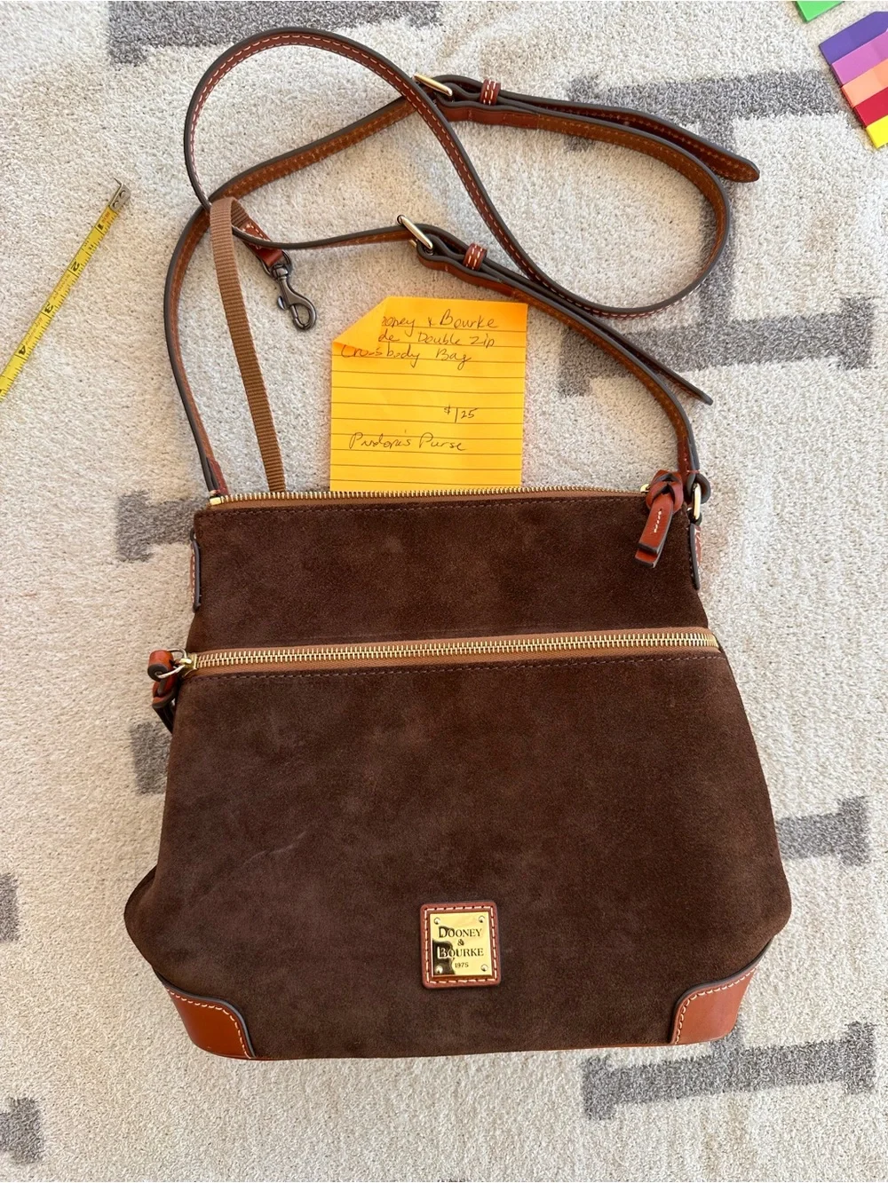 Dooney & Bourke Dark Brown Suede Crossbody Bag with Tan Trim